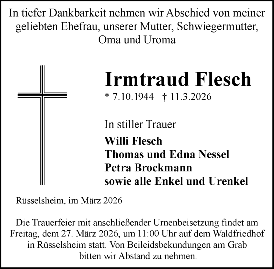 Traueranzeige von Irmtraud Flesch von Rüsselsheimer Echo