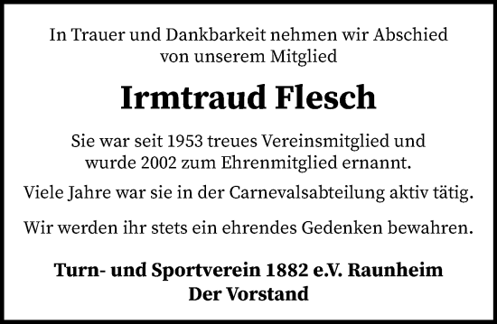 Traueranzeige von Irmtraud Flesch von Rüsselsheimer Echo