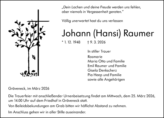 Traueranzeige von Johann Raumer von Weilburger Tageblatt