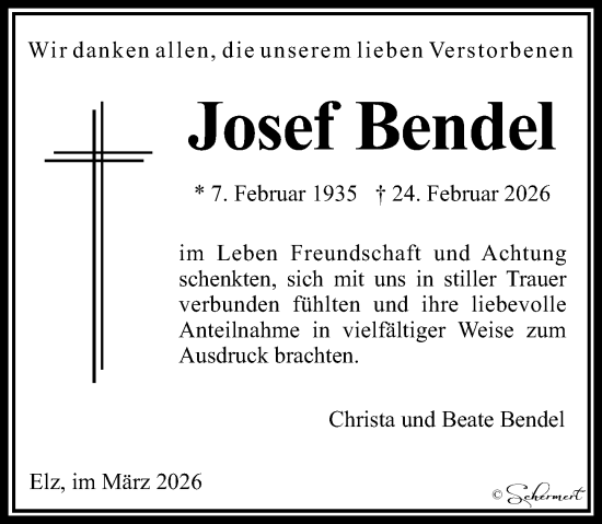 Traueranzeige von Josef Bendel von Nassauische Neue Presse