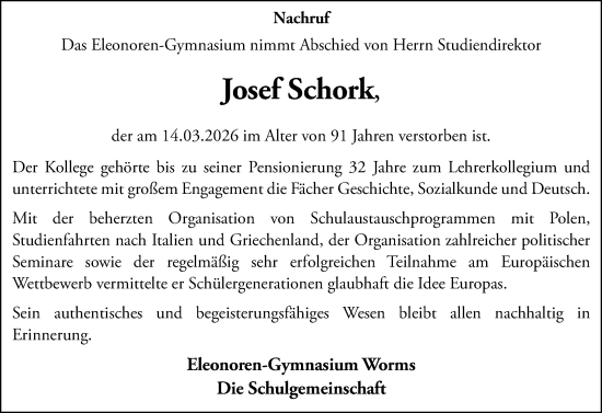 Traueranzeige von Josef Schork von Wormser Zeitung