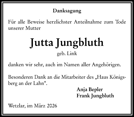 Traueranzeige von Jutta Jungbluth von Wetzlarer Neue Zeitung