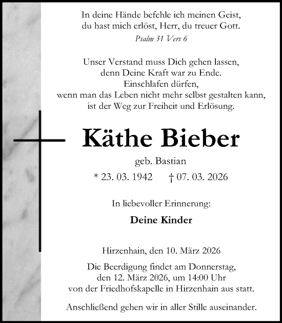 Traueranzeige von Käthe Bieber von Dill Block