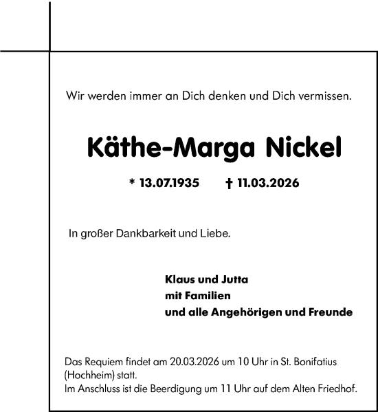 Traueranzeige von Käthe-Marga Nickel von Hochheimer Zeitung