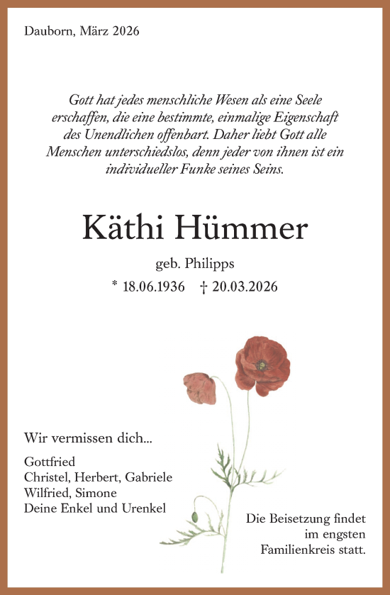 Traueranzeige von Käthi Hümmer von Camberger Anzeiger