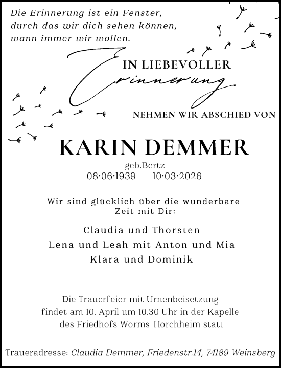Traueranzeige von Karin Demmer von Wormser Zeitung
