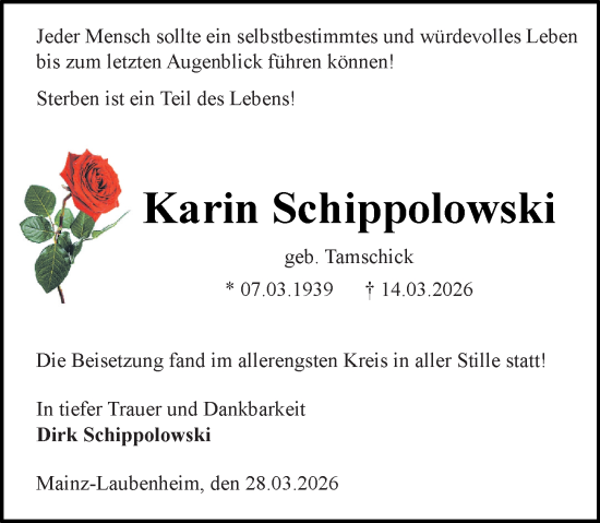 Traueranzeige von Karin Schippolowski von Allgemeine Zeitung Mainz