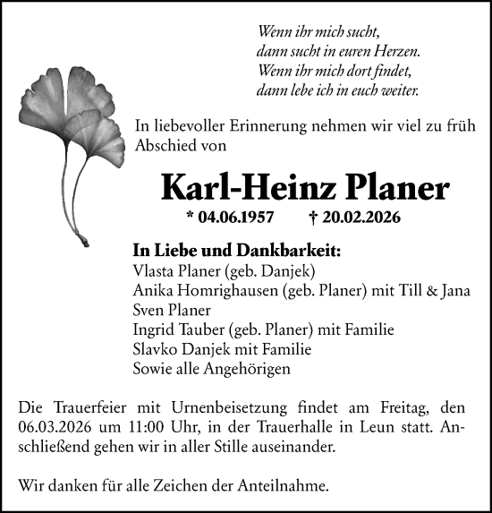 Traueranzeige von Karl-Heinz Planer von Wetzlarer Neue Zeitung