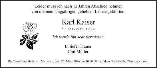Traueranzeige von Karl Kaiser von Wiesbadener Kurier