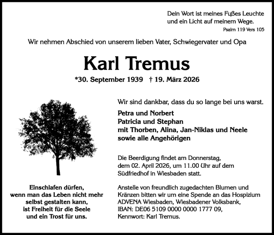 Traueranzeige von Karl Tremus von Wiesbadener Kurier