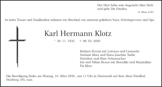 Traueranzeige von Karl Hermann Klotz von Odenwälder Echo
