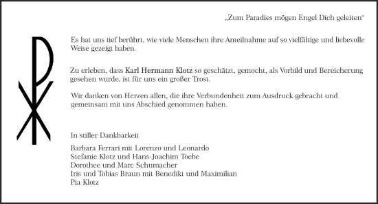 Traueranzeige von Karl Hermann Klotz von Odenwälder Echo