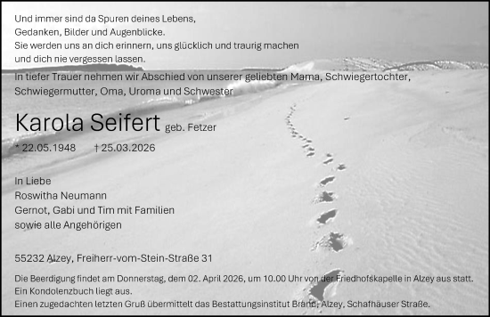 Traueranzeige von Karola Seifert von Allgemeine Zeitung Alzey