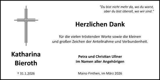 Traueranzeige von Katharina Bieroth von Allgemeine Zeitung Mainz