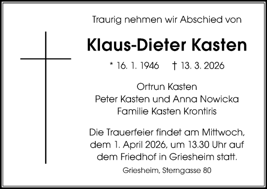 Traueranzeige von Klaus-Dieter Kasten von Darmstädter Echo