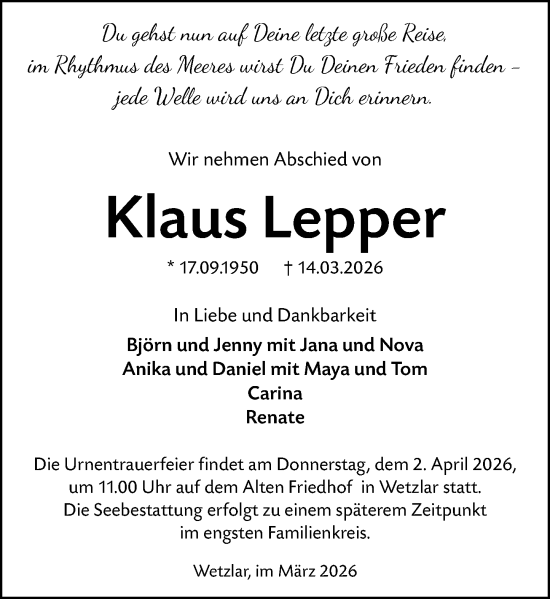 Traueranzeige von Klaus Lepper von Wetzlarer Neue Zeitung