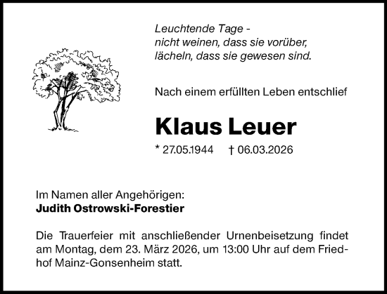 Traueranzeige von Klaus Leuer von Allgemeine Zeitung Mainz