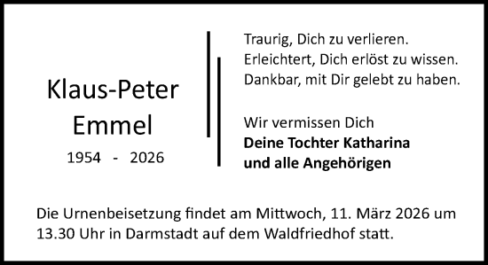 Traueranzeige von Klaus-Peter Emmel von Darmstädter Echo
