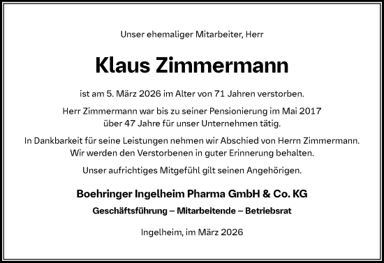 Traueranzeige von Klaus Zimmermann von Allgemeine Zeitung Rheinhessen-Nahe