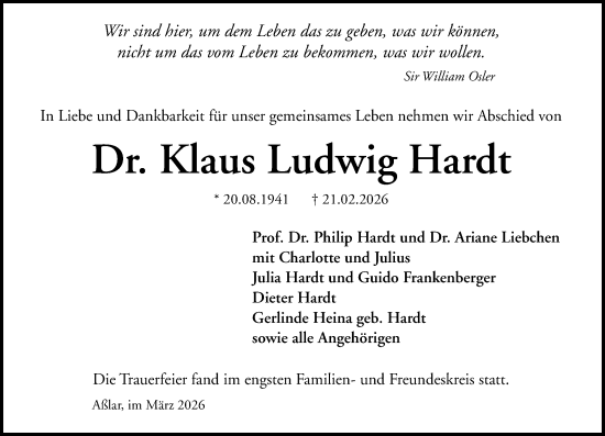 Traueranzeige von Klaus Ludwig Hardt von Wetzlarer Neue Zeitung