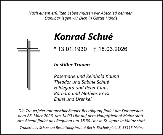 Traueranzeige von Konrad Schué von Allgemeine Zeitung Mainz