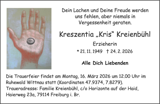 Traueranzeige von Kreszentia Kreienbühl von Wiesbadener Kurier