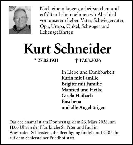 Traueranzeige von Kurt Schneider von Wiesbadener Kurier