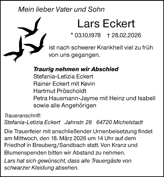 Traueranzeige von Lars Eckert von Odenwälder Echo