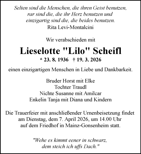 Traueranzeige von Lieselotte Scheifl von Allgemeine Zeitung Mainz