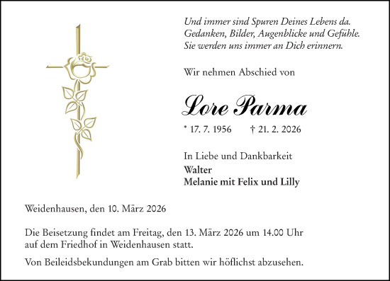 Traueranzeige von Lore Parma von Hinterländer Anzeiger
