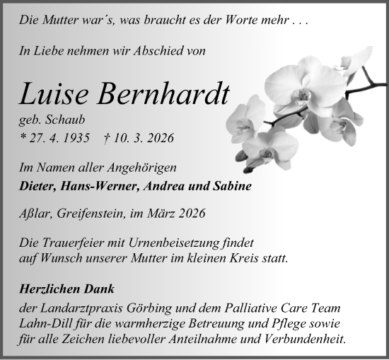 Traueranzeige von Luise Bernhardt von Wetzlarer Neue Zeitung
