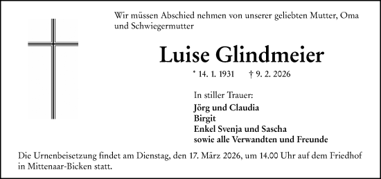 Traueranzeige von Luise Glindmeier von Dill Block
