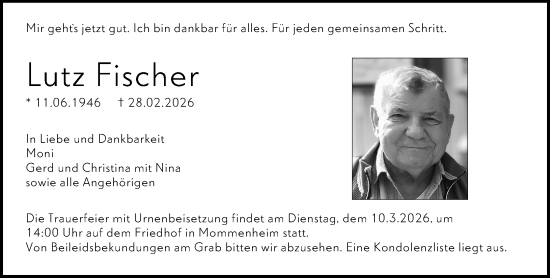 Traueranzeige von Lutz Fischer von Allgemeine Zeitung Mainz