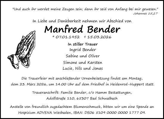 Traueranzeige von Manfred Bender von Idsteiner Land/Untertaunus