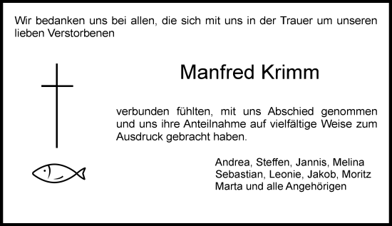 Traueranzeige von Manfred Krimm von Dieburger Anzeiger/Groß-Zimmerner Lokal-Anzeiger