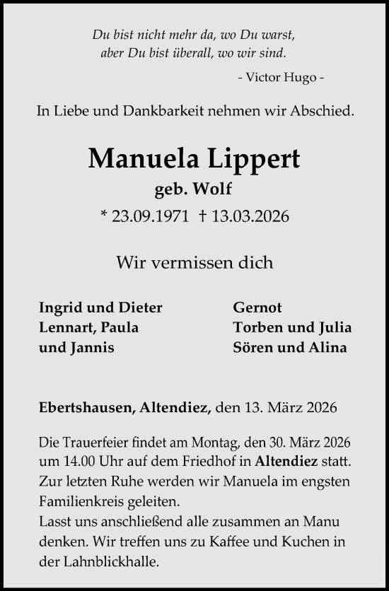 Traueranzeige von Manuela Lippert von Nassauische Neue Presse