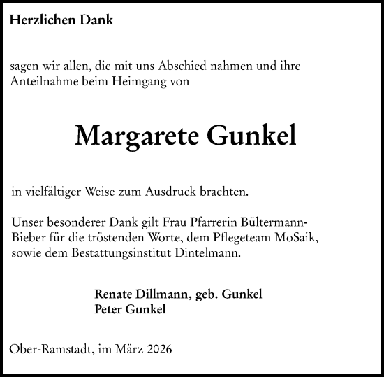 Traueranzeige von Margarete Gunkel von Darmstädter Echo