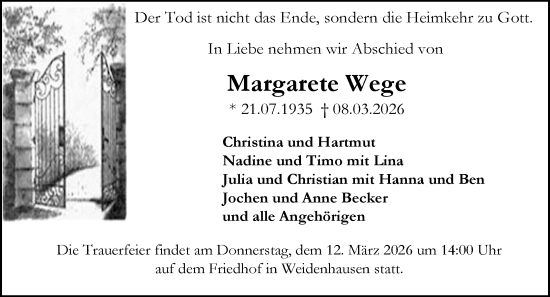 Traueranzeige von Margarete Wege von Hinterländer Anzeiger