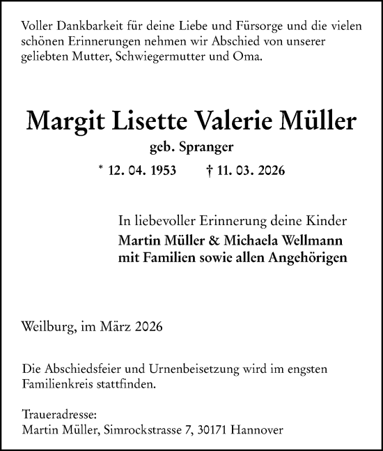 Traueranzeige von Margit Lisette Valerie Müller von Weilburger Tageblatt