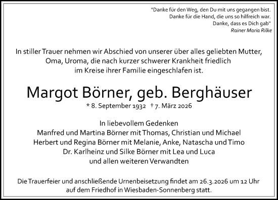 Traueranzeige von Margot Börner von Wiesbadener Kurier