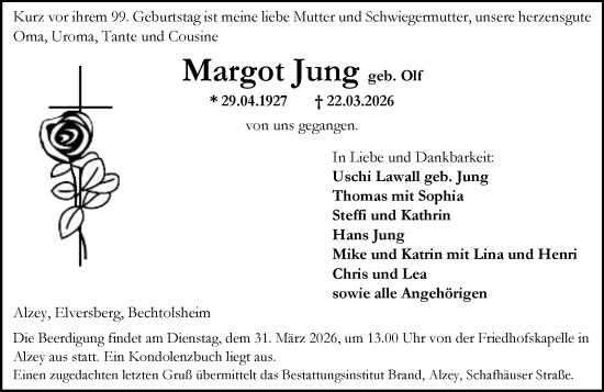 Traueranzeige von Margot Jung von Allgemeine Zeitung Alzey