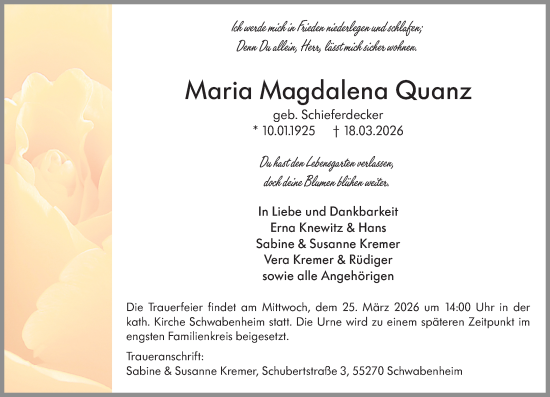 Traueranzeige von Maria Magdalena Quanz von Allgemeine Zeitung Rheinhessen-Nahe
