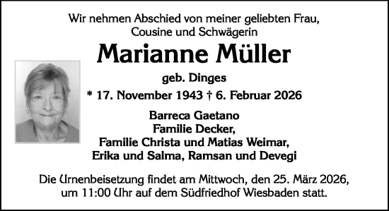 Traueranzeige von Marianne Müller von Wiesbadener Kurier