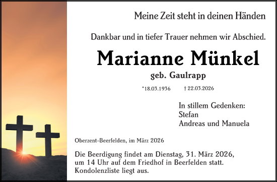 Traueranzeige von Marianne Münkel von Odenwälder Echo