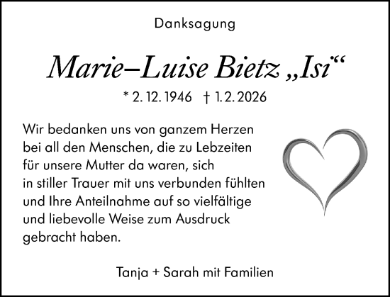 Traueranzeige von Marie-Luise Bietz von Dill Block