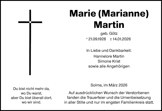 Traueranzeige von Marie Martin von Wetzlarer Neue Zeitung