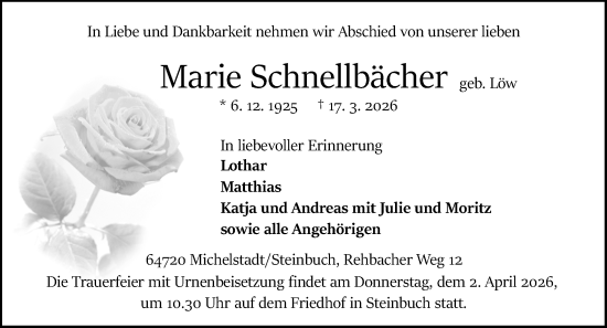 Traueranzeige von Marie Schnellbächer von Odenwälder Echo
