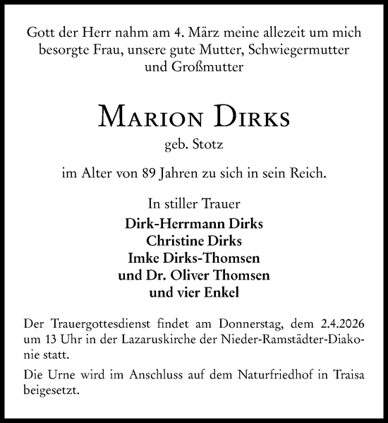 Traueranzeige von Marion Dirks von Darmstädter Echo