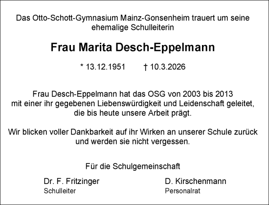 Traueranzeige von Marita Desch-Eppelmann von Allgemeine Zeitung Mainz