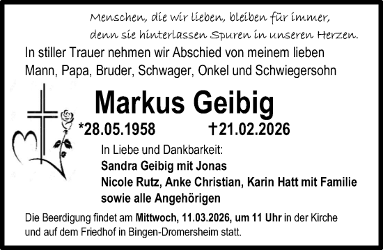 Traueranzeige von Markus Geibig von Binger-/Ingelheimer Wochenblatt